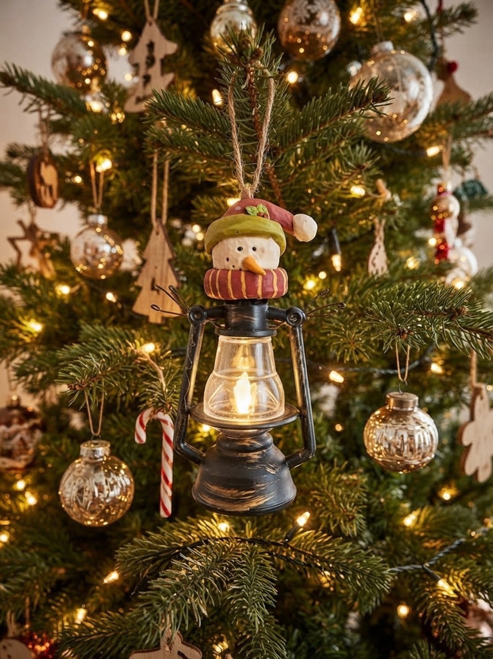 Vintage Light-Up Snowman Lantern Christmas Ornament with Twine Hanger Rustic